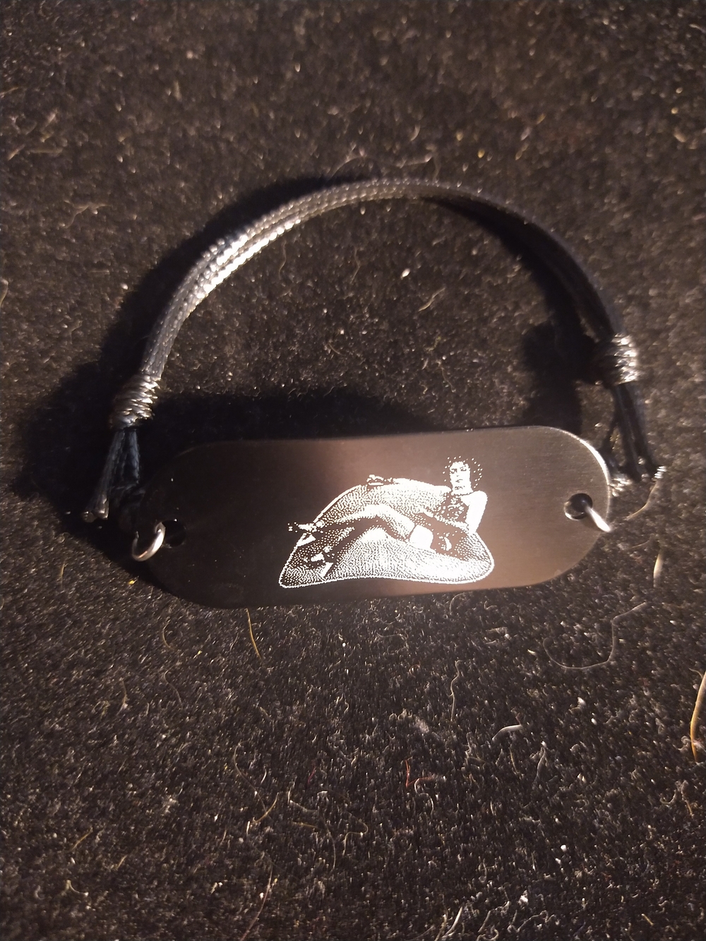 Black Cord Plate Bracelet with Rocky Horror Picture Show Engraving
